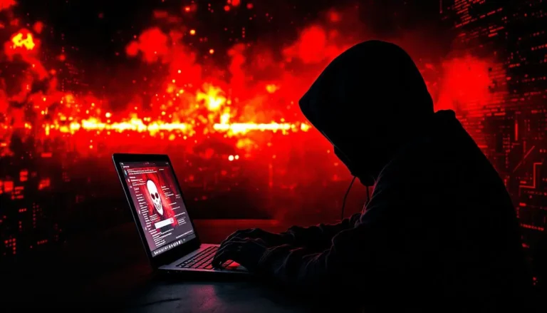 Hooded figure of a hacker performing a cyberattack, using a laptop