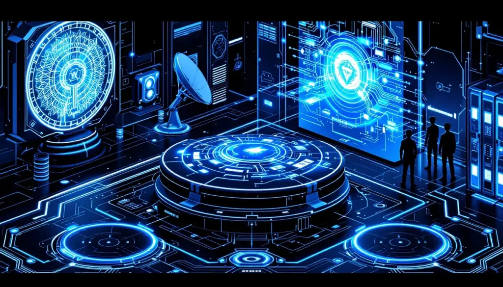 Stylized futuristic image of a cyber security control room