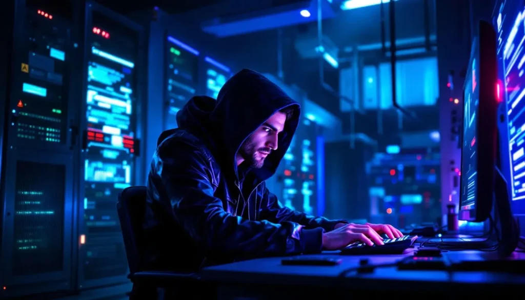 Bild eines Hackers, der in einem abgedunkelten Raum an einem Computer sitzt