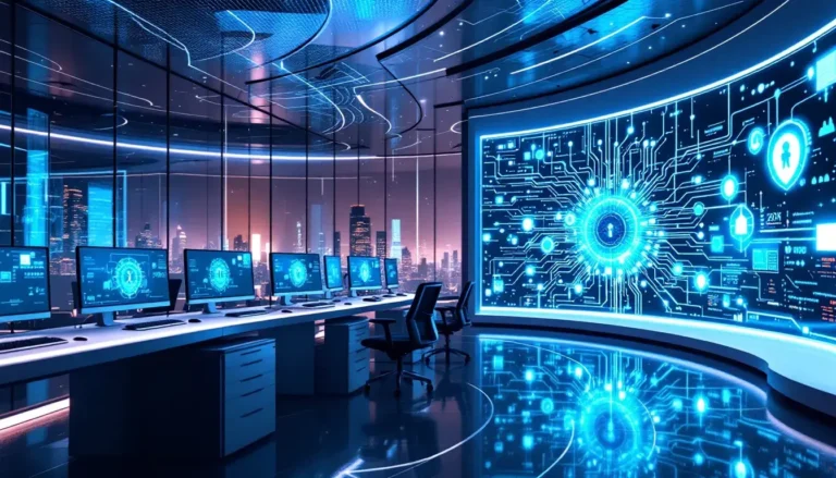 Futuristis infosecurity room with large screen panel
