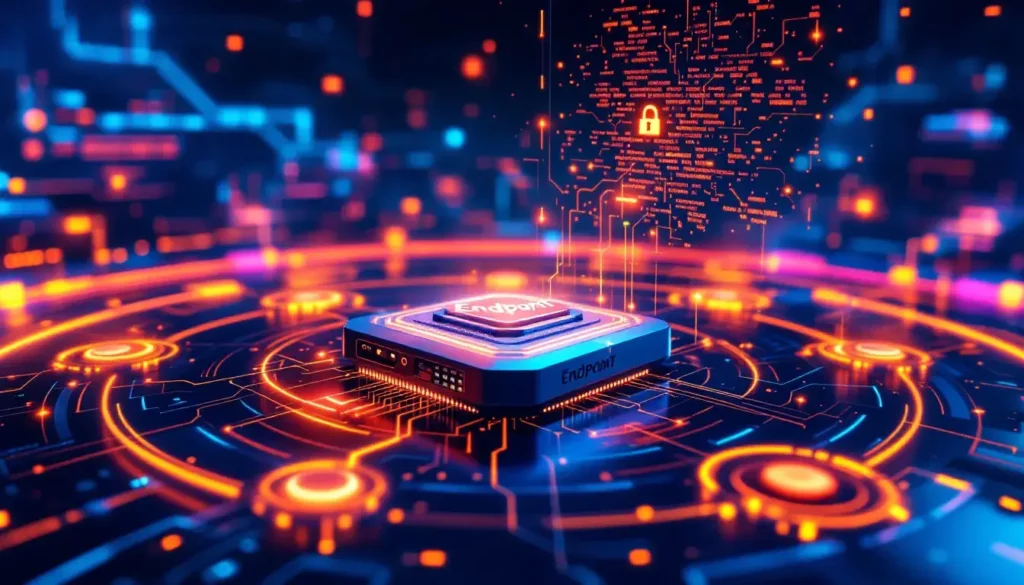Afbeelding van een digitaal apparaat in het midden van een gestileerd netwerk