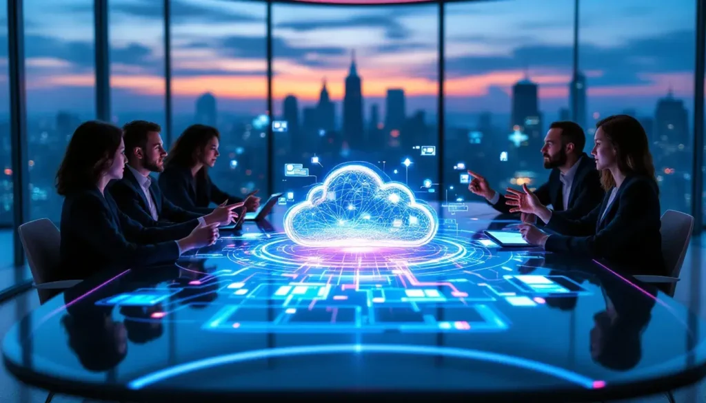 Beveiligingsteam rond een tafel met daaropvolgende een abstract beeld van een cloudnetwerkbeveiligingsoplossing