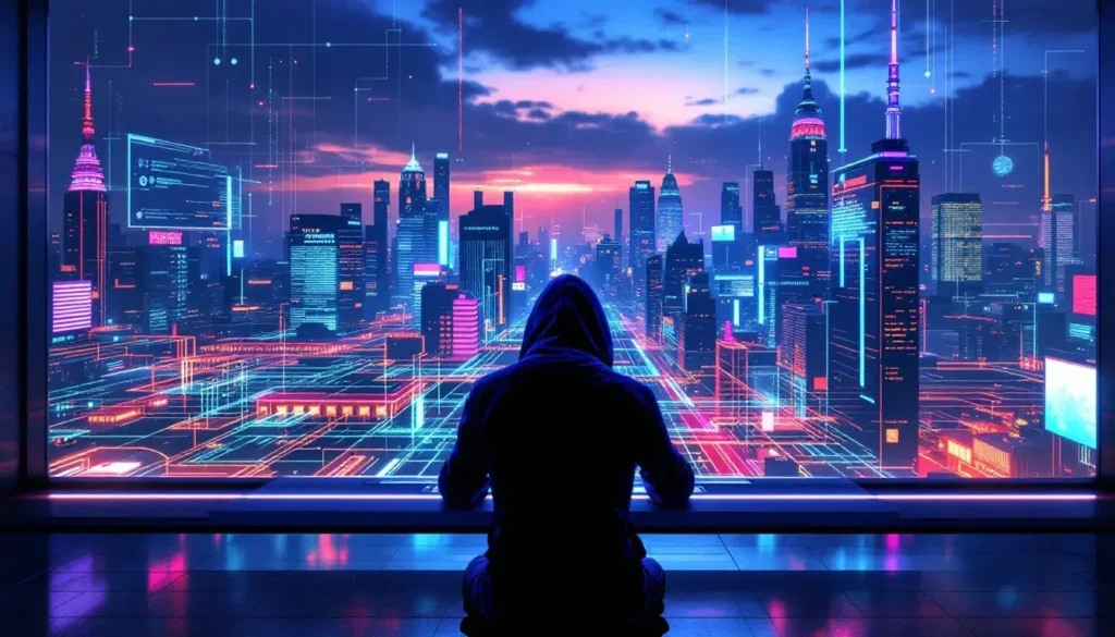 Afbeelding van een gekapte persoon die uitkijkt over een gestileerd digitaal landschap