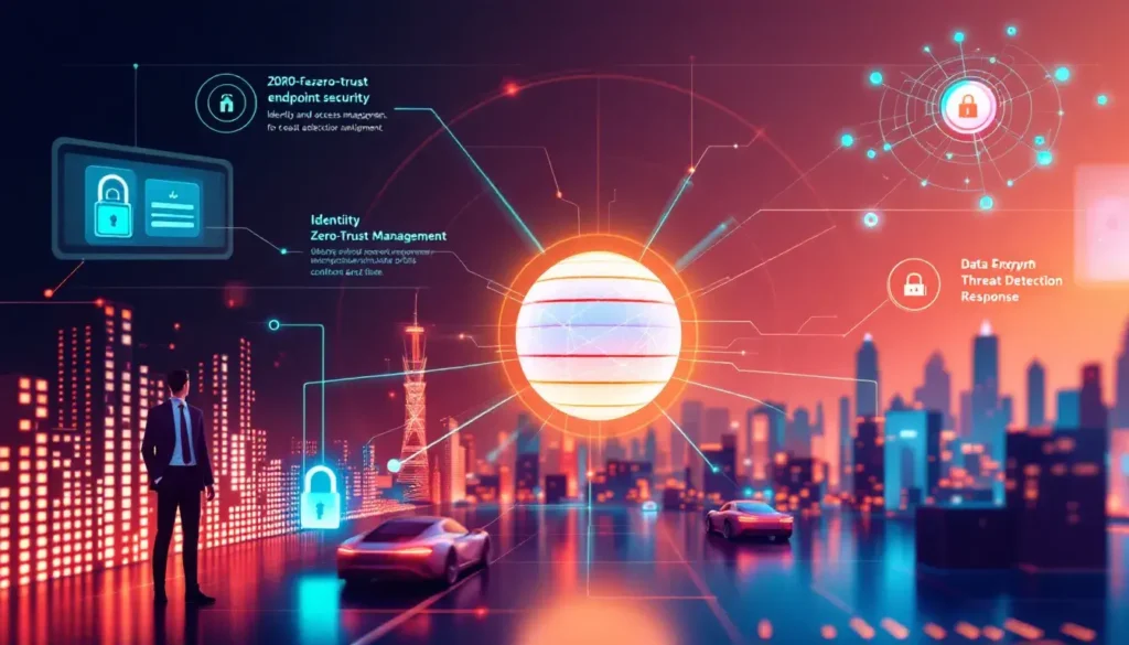 Afbeelding van een gestileerd digitaal netwerk tegen een stadsskilijn