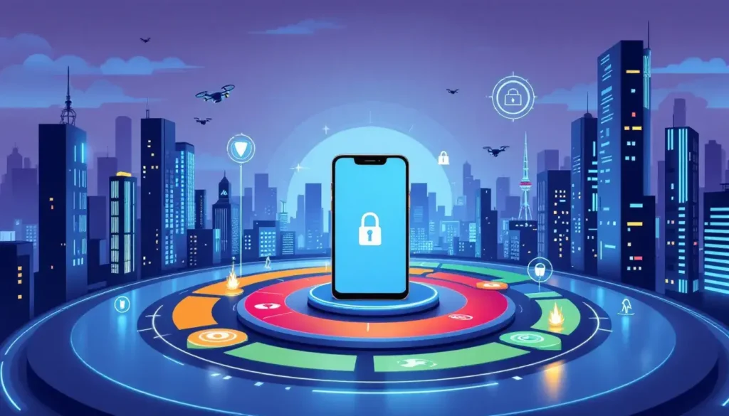 Afbeelding van een mobiele telefoon tegen een gestileerde stad