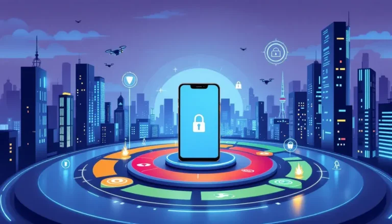 Image of a mobile phone against a stylized city