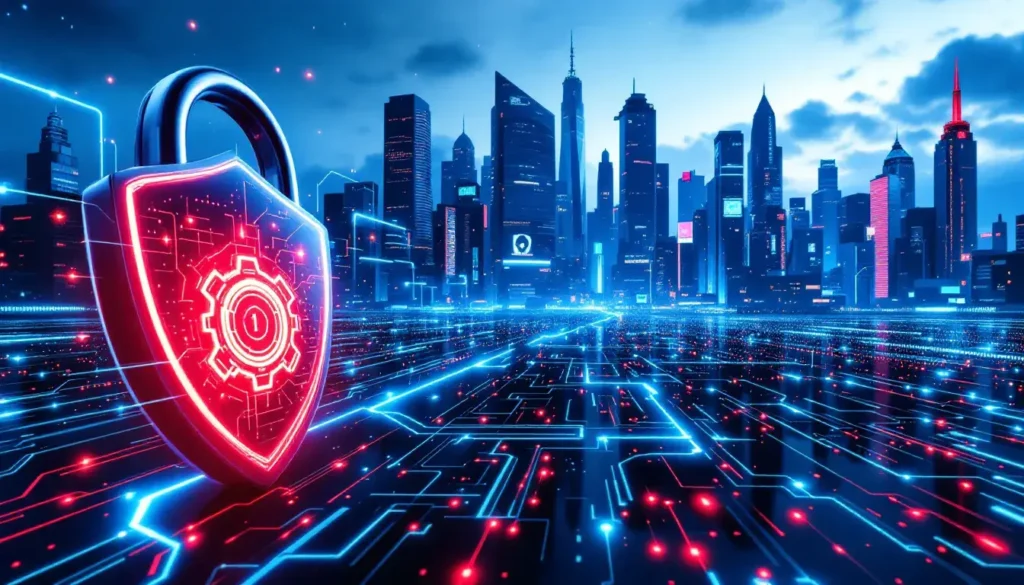 Afbeelding van een futuristische stad en een hangslot dat digitale veiligheid symboliseert