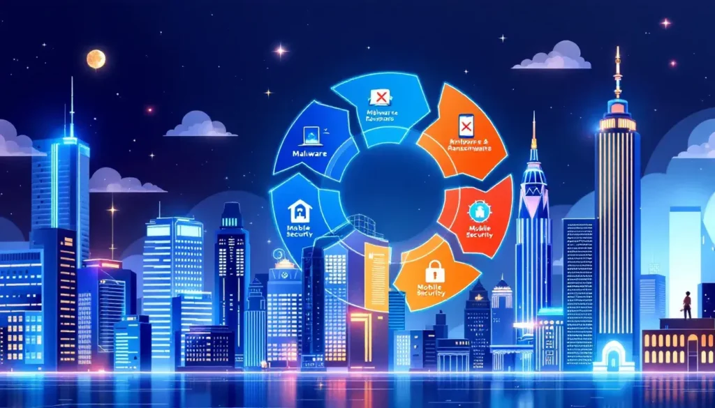 Afbeelding van een gestileerde stad met een wiel van digitale apps