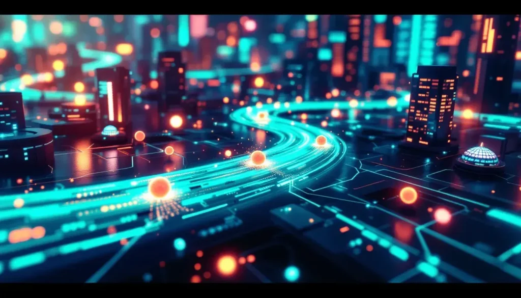 Image of a stylized digital highway with bits of information traveling along it
