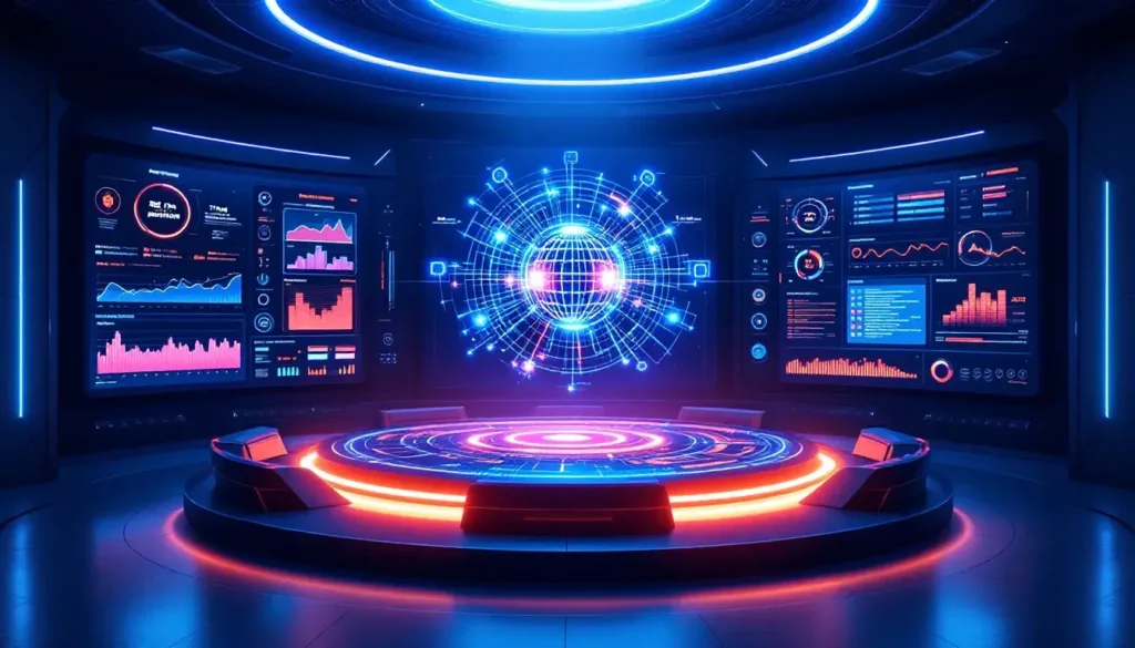 Afbeelding van een futuristische controlekamer voor cyberbeveiliging