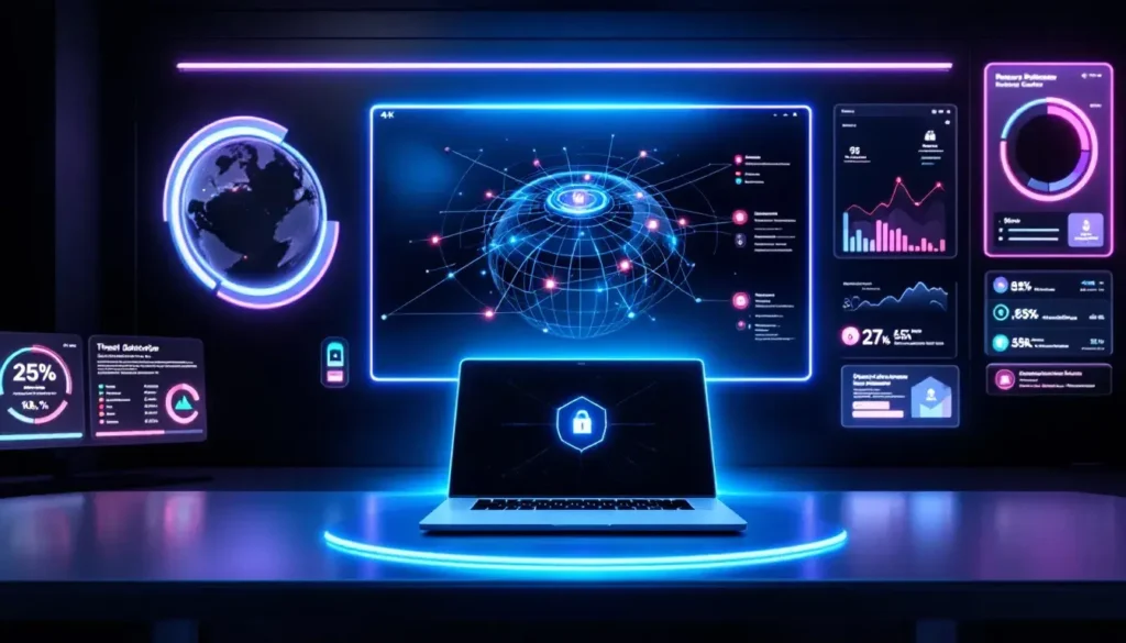 Afbeelding van een futuristische controlekamer voor cyberbeveiliging
