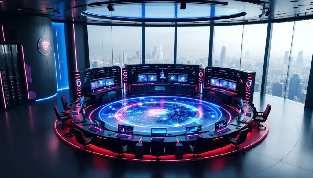 Sala de control del centro de operaciones de seguridad futurista estilizada