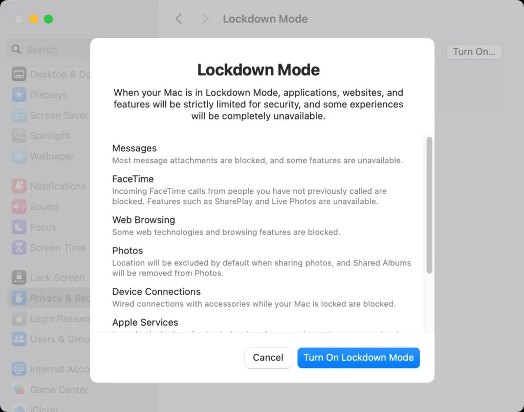 Finestra di dialogo informativa sulla modalità di blocco del Mac