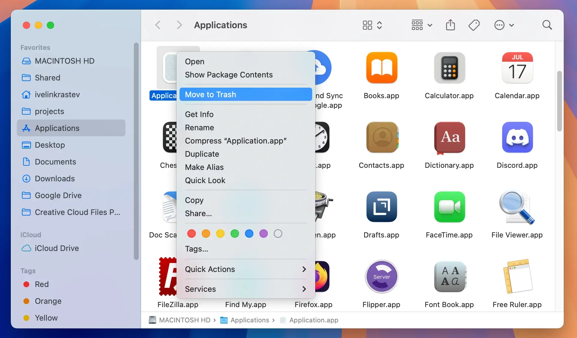 delete a program from applications using finder