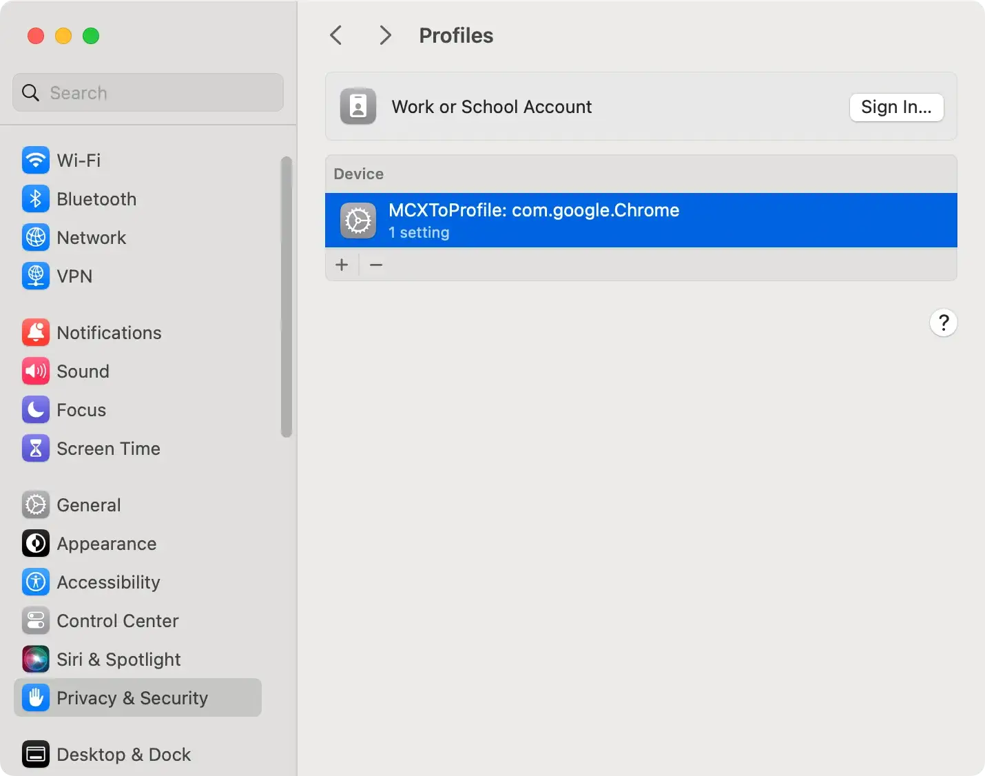 screenshot of the general configuration profile settings on macos