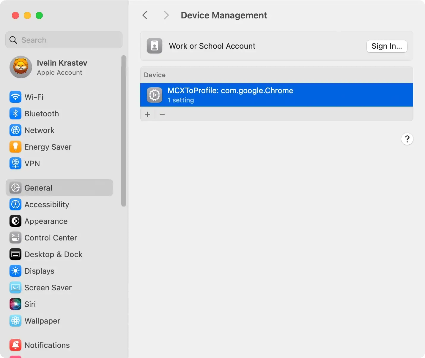 the general configuration profile settings on macos