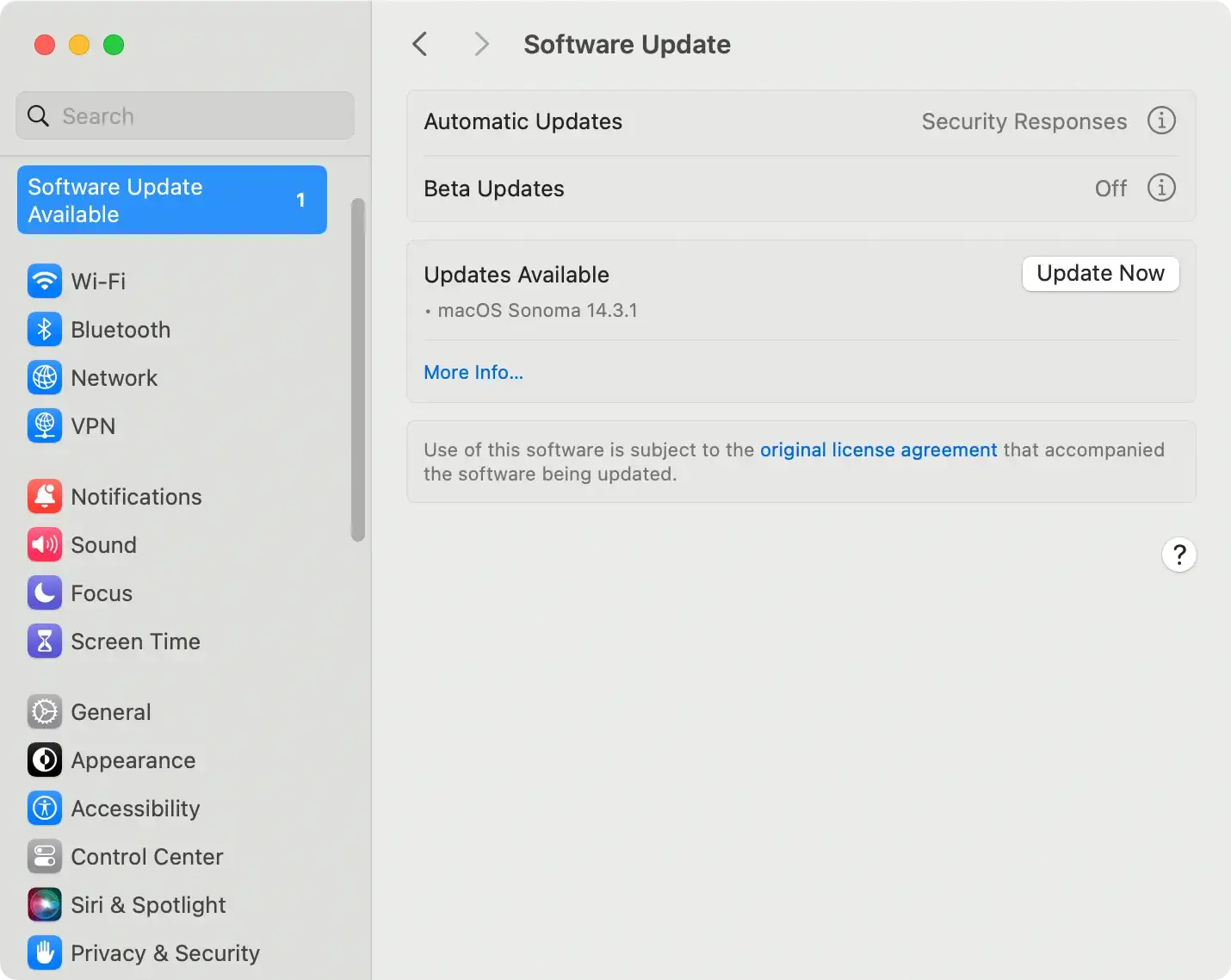 the general software update settings on macos