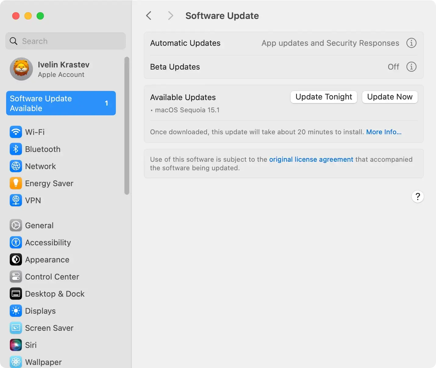 the general software update settings on macos